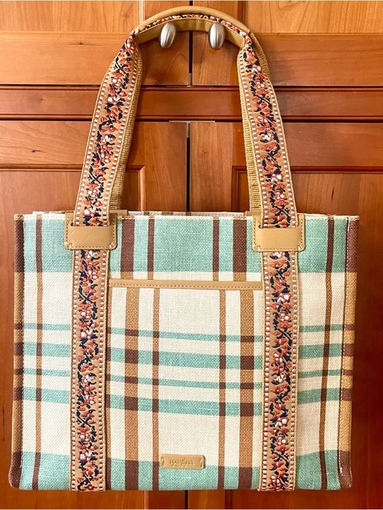 Spartina 449 Charlie Plaid Print Linen & Leather Trimmed Tote Bag - Picture 2 of 11